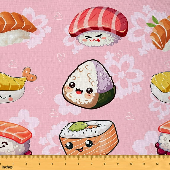 Feelyou Funny Sushi Fabric by the Yard 1 Yard, Tokyo Style Food Sewing Fabric, Pink Cherry Blossoms Print Home Decor Fabric by the Yard, Luxury Bedroom Decor
