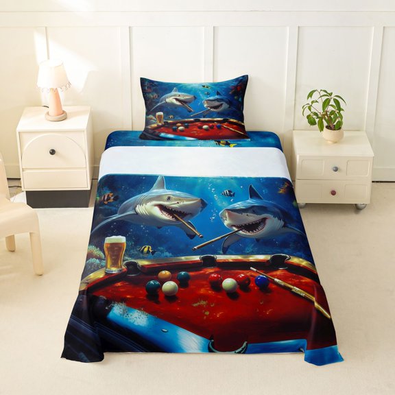 Feelyou Funny Underwater Shark Twin Sheet Sets for Men Boys, Tropical Ocean Animal Bedding, Blue, 3-Piece