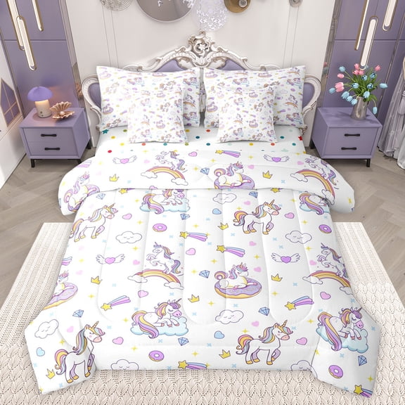 Feelyou Funny Unicorn Child Bedding Comforter Set 7pcs, Kawaii Donut Rainbow King Bedding Sets, Princess Cartoon Theme Reversible Bed Sheets, Lightweight Room Decor