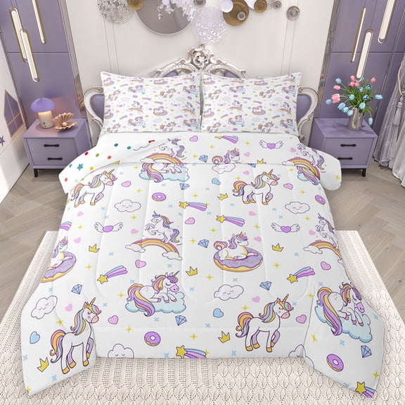 Feelyou Funny Unicorn Child Queen Comforter Set, Kawaii Donut Rainbow Bedding Sets, Princess Cartoon Theme Reversible Bedding Comforter Set, Lightweight Room Decor, 3 Pieces