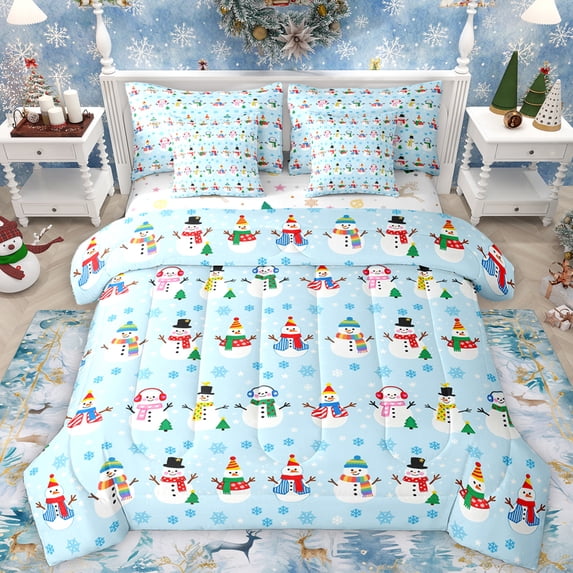 Feelyou Funny Winter Snowman Bedding Comforter Set 7 Pieces for Kids, Christmas Snowflake Full Bedding Set, Happy New Year Reversible Fitted Sheet Flat Sheet, Luxury Bedroom Decor