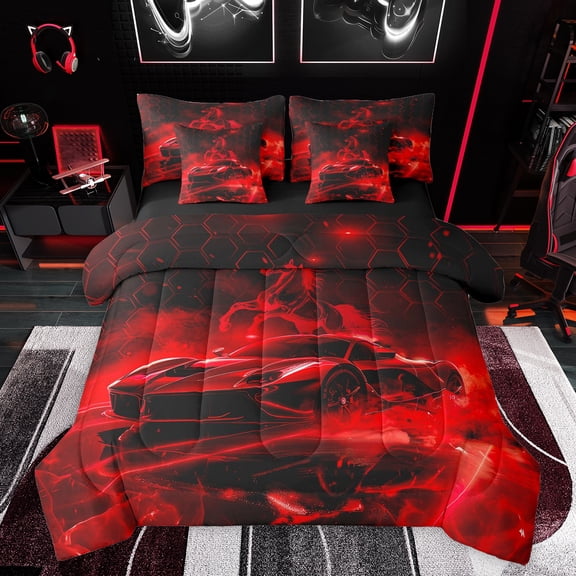 Feelyou Futuristic Automobile Sport Bedding Comforter Set 7pcs, 3D Horse Animal King Bedding Sets, Neon Glowing Honeycomb Reversible Bed Sheets, Lightweight Room Decor