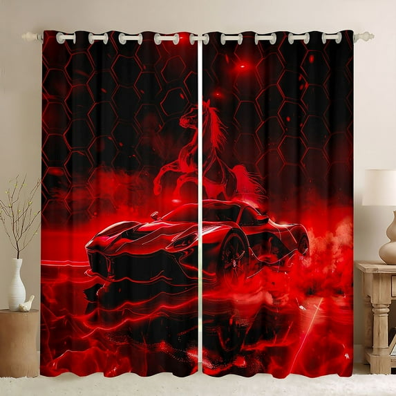 Feelyou Futuristic Automobile Sport Curtains Pack of 2 (42x84 Each), 3D Horse Animal Curtains Blackout, Neon Glowing Honeycomb Bedroom Curtains, Blackout Curtains Room Decor