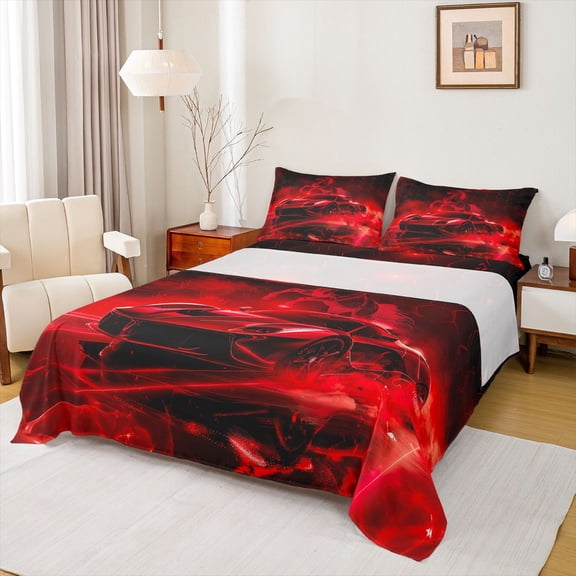 Feelyou Futuristic Automobile Sport Queen Sheet Sets, 3D Horse Animal Flat Sheet, Neon Glowing Honeycomb Queen Fitted Sheet, Lightweight Room Decor, 4-Piece