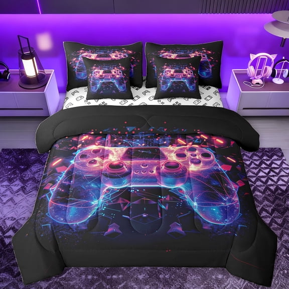 Feelyou Futuristic Game Console Bedding Comforter Set 7pcs, Glitter Gamepad King Bedding Sets, Chic Abstract Stripes Reversible Bed Sheets, Super Cozy Room Decor