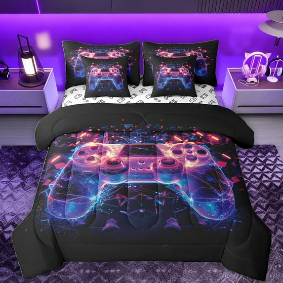 Feelyou Futuristic Game Console Twin Bedding Sets 7-Piece, Glitter Gamepad Bedding Comforter Set, Chic Abstract Stripes Reversible Sheet Sets, Super Cozy Room Decor