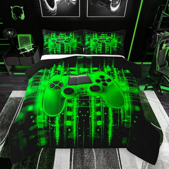 Feelyou Futuristic Game Controller Full Size Comforter Sets, Neon Glowing Square Bedding Comforter Set, Green Gamepad Gaming Gamer Reversible Bedding Sets, Luxury Bedroom Decor, 3pcs
