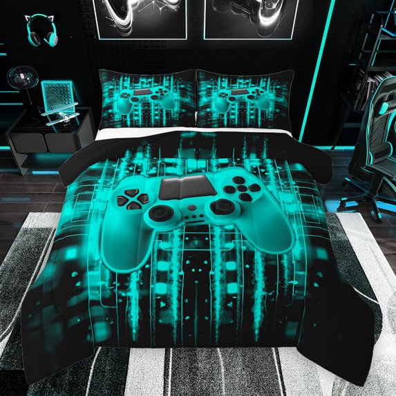 Feelyou Futuristic Game Controller Full Size Comforter Sets, Neon Glowing Teal Square Bedding Comforter Set, Gamepad Gaming Gamer Reversible Bedding Sets, Ultra Soft Bedroom Decor, 3pcs