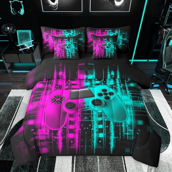 Feelyou Futuristic Game Controller Twin Bedding Sets 7-Piece, Neon Glowing Abstract Bedding Comforter Set, Cartoon Gamepad Gaming Reversible Sheet Sets, Ultra Soft Bedroom Decor