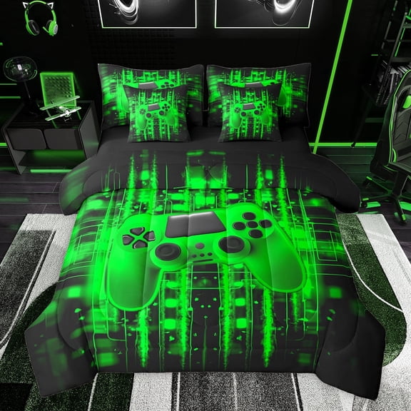 Feelyou Futuristic Game Controller Twin Bedding Sets 7-Piece, Neon Glowing Square Bedding Comforter Set, Green Gamepad Gaming Gamer Reversible Sheet Sets, Luxury Bedroom Decor