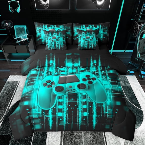 Feelyou Futuristic Game Controller Twin Bedding Sets 7-Piece, Neon Glowing Teal Square Bedding Comforter Set, Gamepad Gaming Gamer Reversible Sheet Sets, Ultra Soft Bedroom Decor