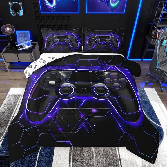 Feelyou Futuristic Gamepad Bedding Comforter Set, Neon Glowing Honeycomb Twin Comforter Sets, Glitter Blue Games Console Reversible Bedding Set, Ultra Soft Bedroom Decor, 2 Pieces