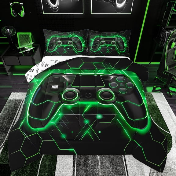 Feelyou Futuristic Gamepad Bedding Comforter Set, Neon Glowing Honeycomb Twin Comforter Sets, Glitter Green Games Console Reversible Bedding Set, Luxury Bedroom Decor, 2 Pieces