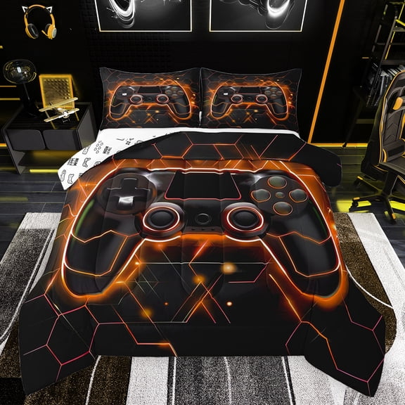 Feelyou Futuristic Gamepad Bedding Comforter Set, Neon Glowing Honeycomb Twin Comforter Sets, Glitter Orange Games Console Reversible Bedding Set, Ultra Soft Bedroom Decor, 2-Piece