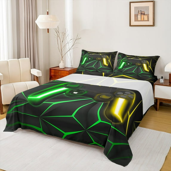 Feelyou Futuristic Gamepad Boys Bed Sheets, Green Yellow Abstract Line King Sheets, Modern Video Gaming Sheet Set, Breathable Home Decor, 4pcs