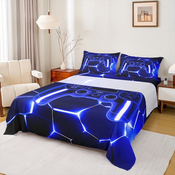 Feelyou Futuristic Gamepad Boys Bed Sheets, Neon Navy Honeycomb King Sheets, Geometric Abstract Sheet Set, Lightweight Room Decor, 4pcs