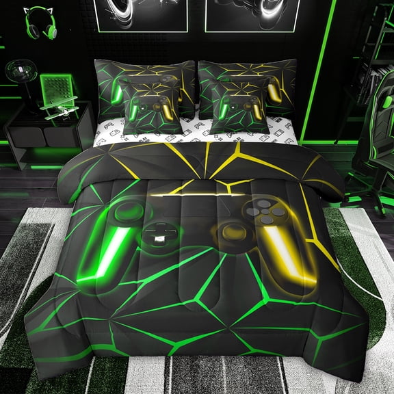 Feelyou Futuristic Gamepad Boys Bedding Comforter Set 7pcs, Green Yellow Abstract Line Queen Bedding Sets, Modern Video Gaming Reversible Queen Sheet Sets, Breathable Home Decor