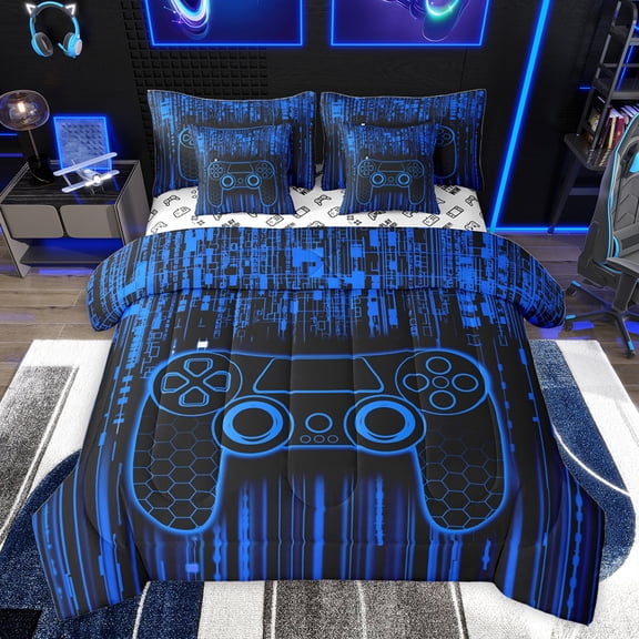 Feelyou Futuristic Gamepad Boys Bedding Comforter Set 7pcs, Neon Blue Honeycomb Abstract King Bedding Sets, Modern Video Game Reversible Bed Sheets, Lightweight Room Decor