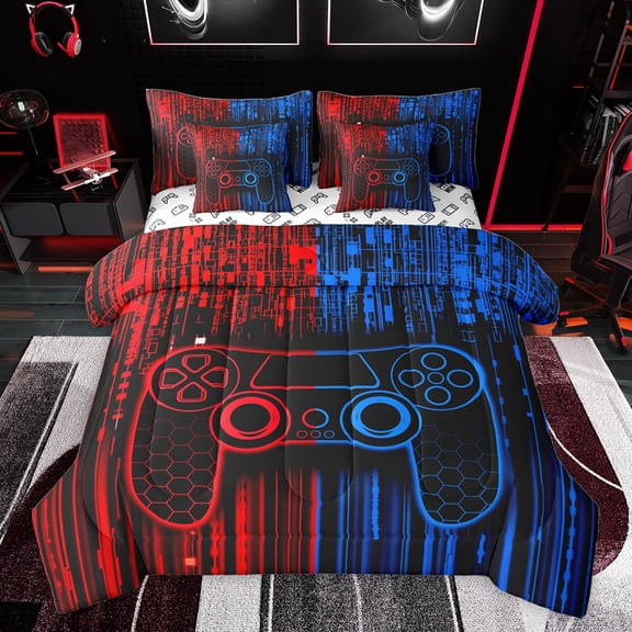 Feelyou Futuristic Gamepad Boys Bedding Comforter Set 7pcs, Neon Honeycomb Abstract King Bedding Sets, Modern Video Game Reversible Bed Sheets, Microfiber Bedroom Decor