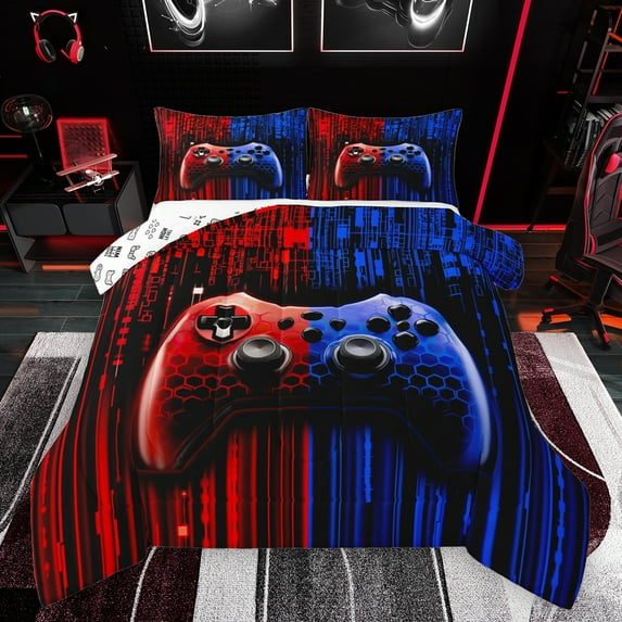 Feelyou Futuristic Gamepad Boys Bedding Comforter Set, Fashion Red Blue Honeycomb Twin Comforter Sets, Modern Video Game Reversible Bedding Set, Ultra Soft Bedroom Decor, 2 Pieces