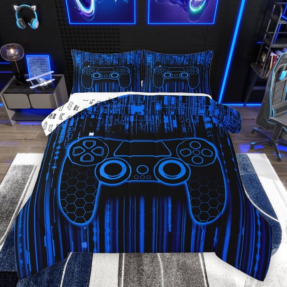 Feelyou Futuristic Gamepad Boys Bedding Comforter Set, Neon Blue Honeycomb Abstract Twin Comforter Sets, Modern Video Game Reversible Bedding Set, Lightweight Room Decor, 2-Piece