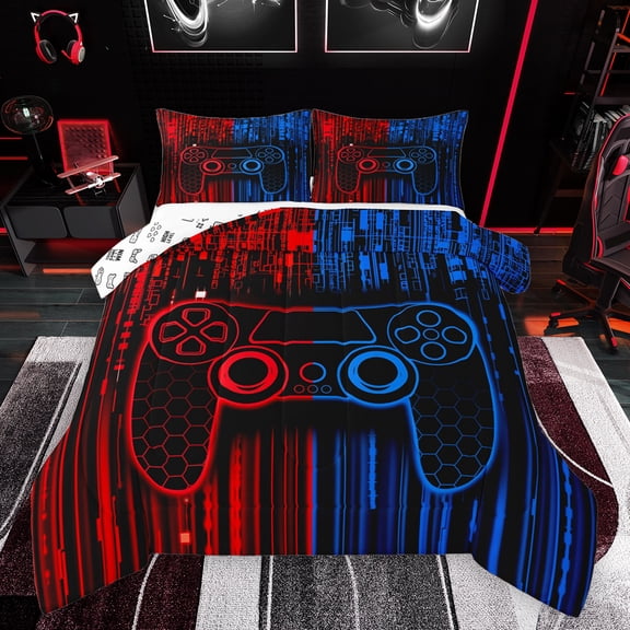 Feelyou Futuristic Gamepad Boys Bedding Comforter Set, Neon Honeycomb Abstract Twin Comforter Sets, Modern Video Game Reversible Bedding Set, Microfiber Bedroom Decor, 2pcs