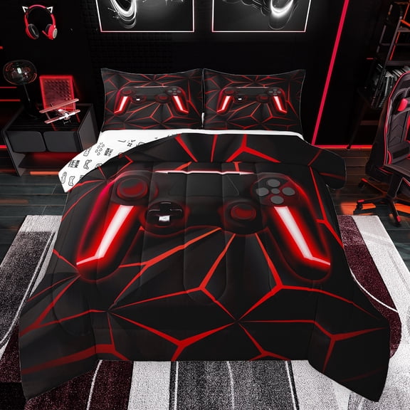 Feelyou Futuristic Gamepad Boys Bedding Comforter Set, Neon Red Abstract Line Twin Comforter Sets, Modern Video Gaming Reversible Bedding Set, Super Cozy Room Decor, 2-Piece