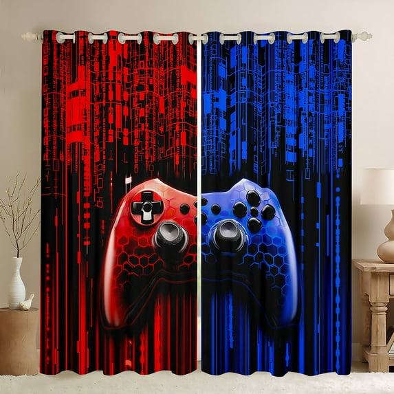 Feelyou Futuristic Gamepad Boys Black Out Curtains, Fashion Red Blue Honeycomb Curtains Pack of 2 (42x63 Each), Modern Video Game Bedroom Curtains, Living Room Curtains Decor