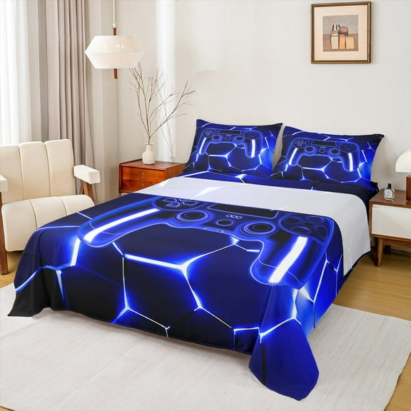 Feelyou Futuristic Gamepad Boys Full Size Sheets, Neon Navy Honeycomb Bed Sheets, Geometric Abstract Sheet Sets, Lightweight Room Decor, 4pcs