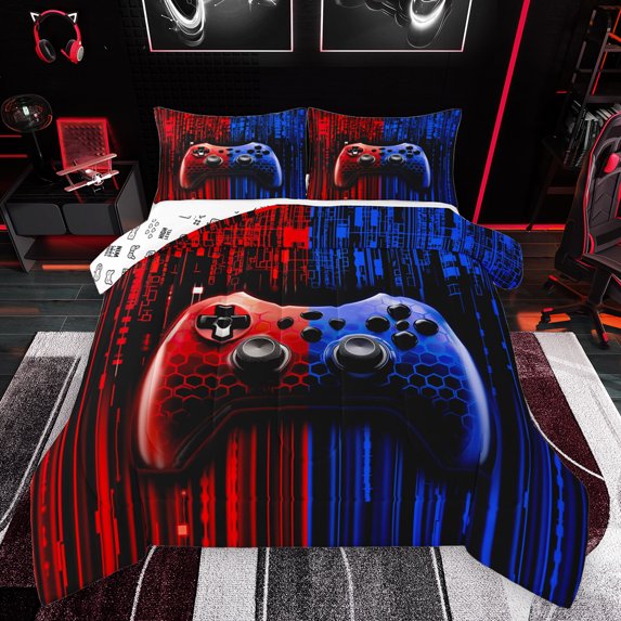 Feelyou Futuristic Gamepad Boys Queen Comforter Set, Fashion Red Blue Honeycomb Bedding Sets, Modern Video Game Reversible Bedding Comforter Set, Ultra Soft Bedroom Decor, 3 Pieces