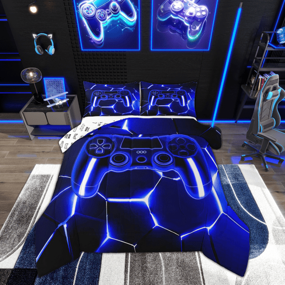 Feelyou Futuristic Gamepad Boys Queen Comforter Set, Neon Navy Honeycomb Bedding Sets, Geometric Abstract Reversible Bedding Comforter Set, Lightweight Room Decor, 3pcs