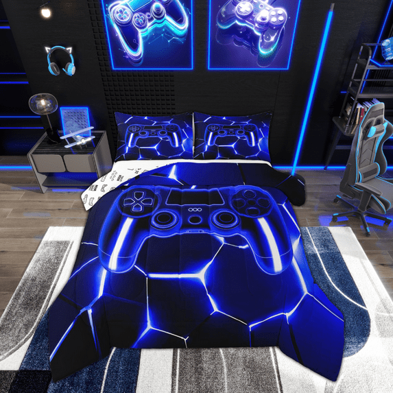 Feelyou Futuristic Gamepad Boys Queen Comforter Set, Neon Navy Honeycomb Bedding Sets, Geometric Abstract Reversible Bedding Comforter Set, Lightweight Room Decor, 3pcs