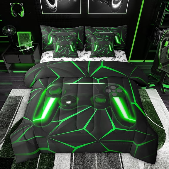 Feelyou Futuristic Gamepad Boys Twin Bedding Sets 7-Piece, Neon Green Abstract Line Bedding Comforter Set, Modern Video Gaming Reversible Sheet Sets, Luxury Bedroom Decor