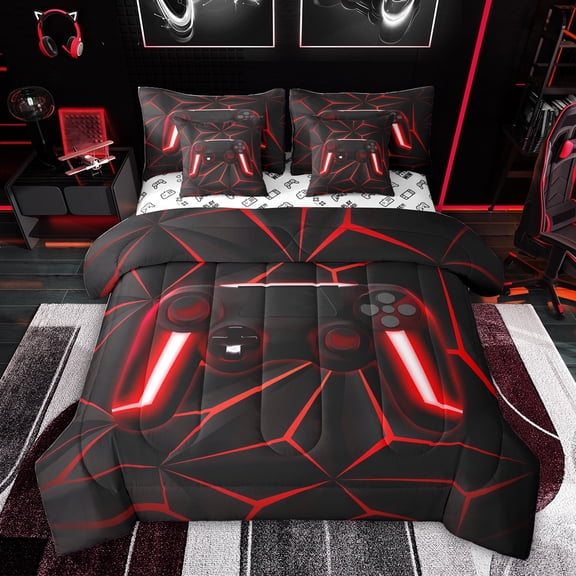 Feelyou Futuristic Gamepad Boys Twin Bedding Sets 7-Piece, Neon Red Abstract Line Bedding Comforter Set, Modern Video Gaming Reversible Sheet Sets, Super Cozy Room Decor