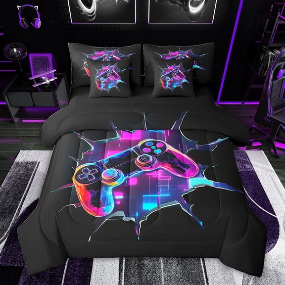 Feelyou Futuristic Gamepad Kids Twin Bedding Sets 7-Piece, Neon Square Abstract Bedding Comforter Set, 3D Games Console Reversible Sheet Sets, Super Cozy Room Decor