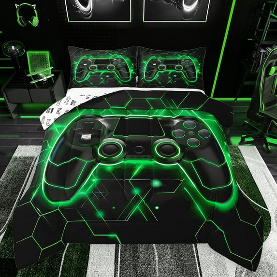 Feelyou Futuristic Gamepad Queen Comforter Set, Neon Glowing Honeycomb Bedding Sets, Glitter Green Games Console Reversible Bedding Comforter Set, Luxury Bedroom Decor, 3 Pieces