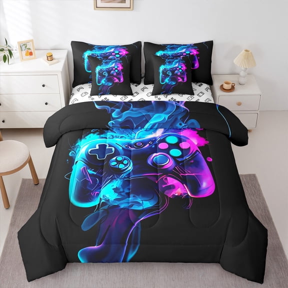 Feelyou Futuristic Gamepad Teen Bedding Comforter Set 7 Pieces, Game Console Full Bedding Set, Modern Video Gaming Reversible Fitted Sheet Flat Sheet, Microfiber Bedroom Decor
