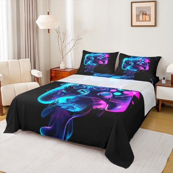 Feelyou Futuristic Gamepad Teen Queen Sheet Sets, Game Console Flat Sheet, Modern Video Gaming Queen Fitted Sheet, Microfiber Bedroom Decor, 4 Pieces
