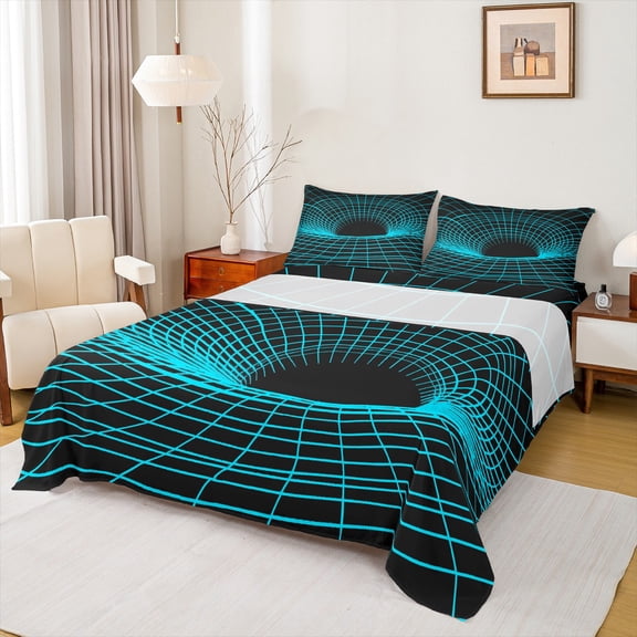 Feelyou Futuristic Geometric Teens Bed Sheets, Black Cyan Square Spiral King Sheets, Rectangle Abstract Sheet Set, Super Cozy Room Decor, 4-Piece