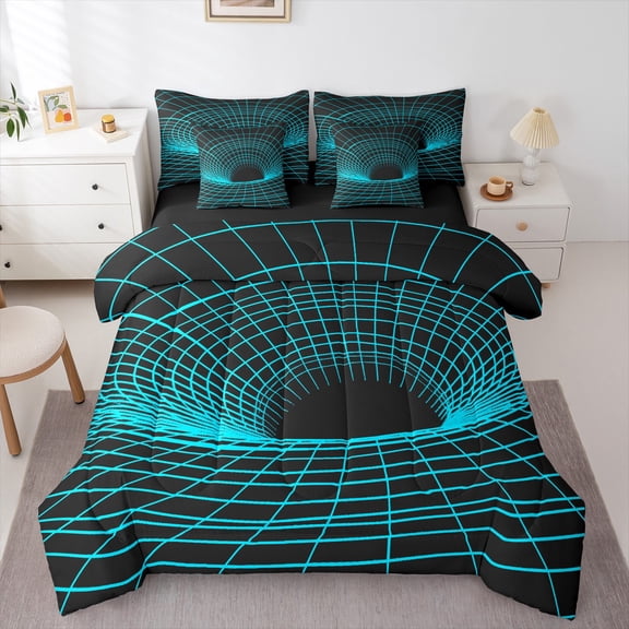 Feelyou Futuristic Geometric Teens Bedding Comforter Set 7 Pieces, Black Cyan Square Spiral Full Bedding Set, Rectangle Abstract Reversible Fitted Sheet Flat Sheet, Super Cozy Room Decor