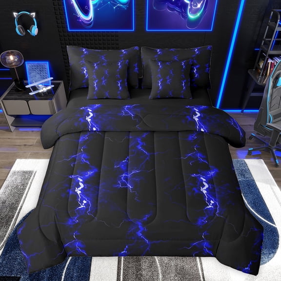 Feelyou Futuristic Lightning Kids Bedding Comforter Set 7pcs, Neon Gradient Stripes King Bedding Sets, Fashion Abstract Blue Reversible Bed Sheets, Ultra Soft Bedroom Decor