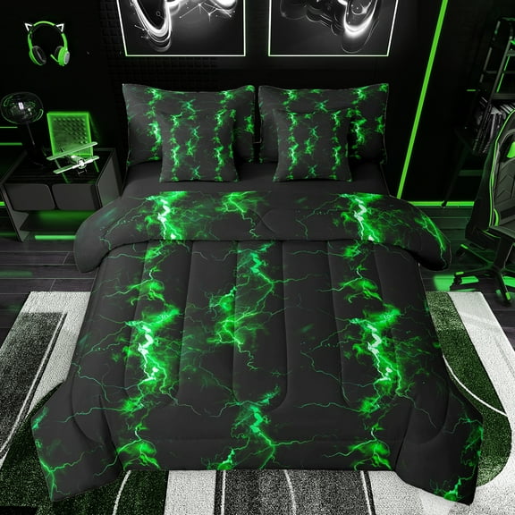 Feelyou Futuristic Lightning Kids Bedding Comforter Set 7pcs, Neon Gradient Stripes King Bedding Sets, Green Abstract Reversible Bed Sheets, Luxury Bedroom Decor