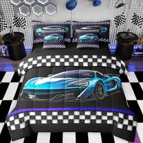 Feelyou Futuristic Race Car Twin Bedding Sets 7-Piece, Blue Cartoon Automobile Bedding Comforter Set, Teens Kids Boys Girls Reversible Sheet Sets, Super Cozy Room Decor