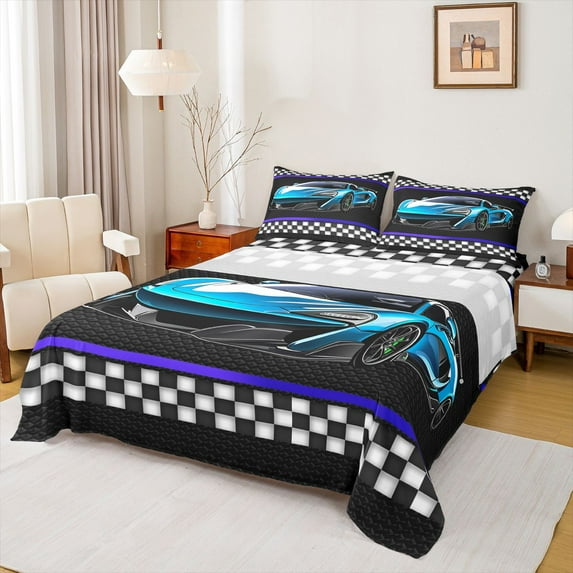 Feelyou Futuristic Race Car Twin Sheet Sets, Blue Cartoon Automobile Twin Fitted Sheet, Teens Kids Boys Girls Flat Sheet, Super Cozy Room Decor, 3 Pieces
