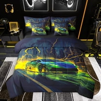 Feelyou Futuristic Sports Car Twin Bedding Sets 7-Piece, Neon Glowing Lightning Bedding Comforter Set, Teens Kids Boys Girls Reversible Sheet Sets, Ultra Soft Bedroom Decor