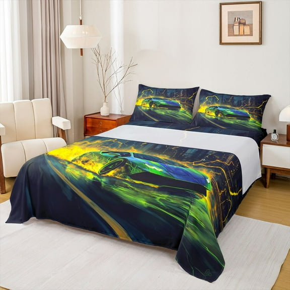 Feelyou Futuristic Sports Car Twin Sheet Sets, Neon Glowing Lightning Twin Fitted Sheet, Teens Kids Boys Girls Flat Sheet, Ultra Soft Bedroom Decor, 3 Pieces