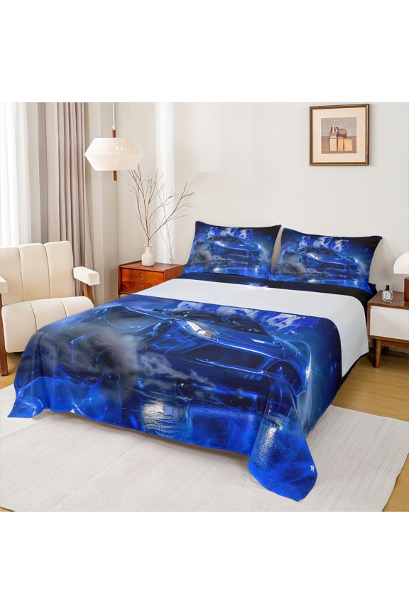 Futuristic Sports Car Twin Sheet Sets, Rustic Racing Horse Twin Fitted Sheet, Modern Extreme Sport Flat Sheet, 3-Piece