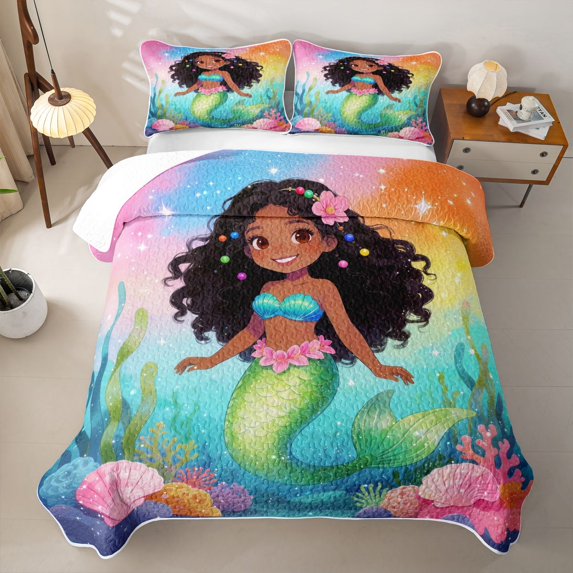 Feelyou Galaxy Black Ocean Mermaid Quilt Full for Boys Girls, Watercolor Rainbow Galaxy Full Bedspread Sets, 3 Pieces
