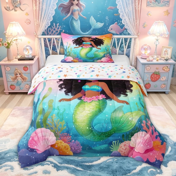 Feelyou Galaxy Black Ocean Mermaid Twin Comforter Sets for Kids Boys Girls, Watercolor Rainbow Galaxy Bedding Set, Colorful Star Reversible, 2 Pieces