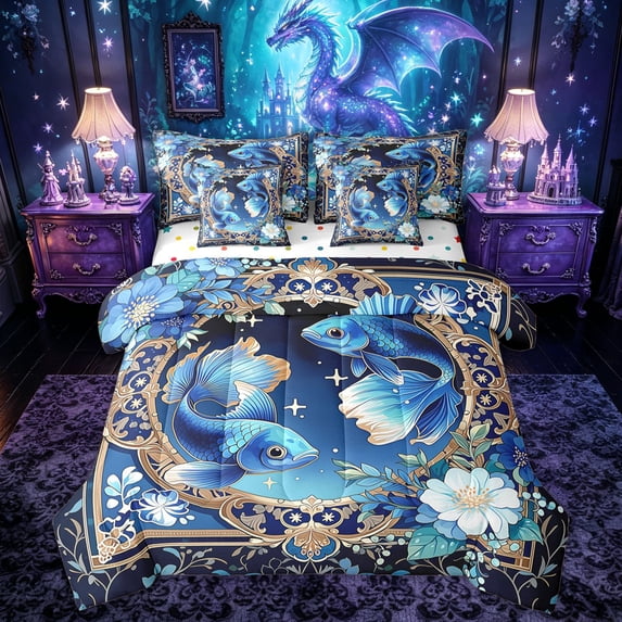 Feelyou Galaxy Blue Fish Animal Bedding Comforter Set for Kids Boys, Western Boho Flower Floral Queen Bedding Sets, Polkadot Reversible, 7pcs